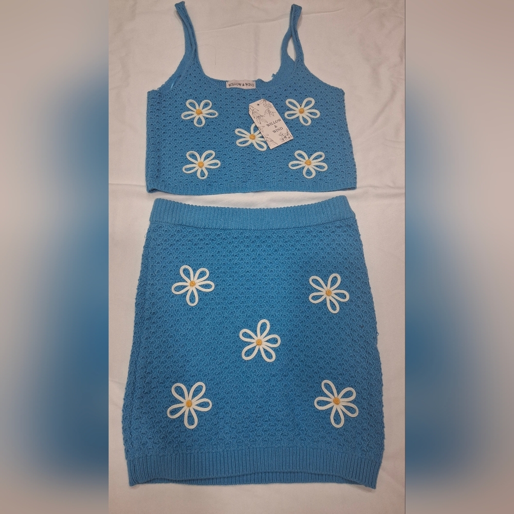 Willow & Wind Blue Floral Knit Skirt By Shein
